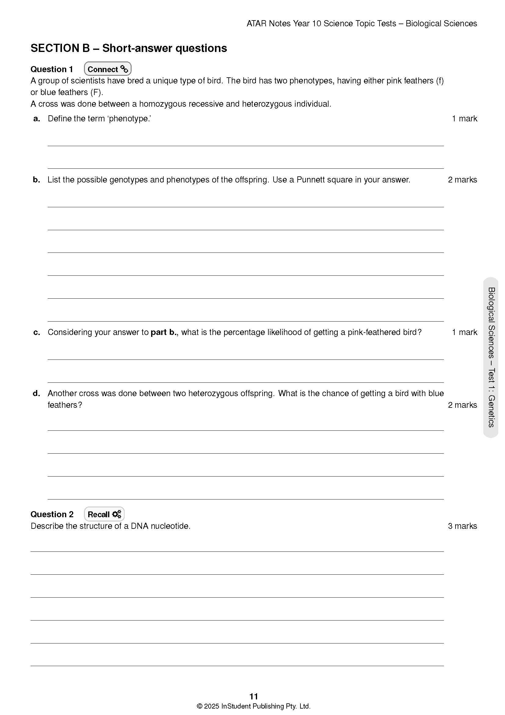 Science topic test page by ATAR Notes displaying short-answer questions on genetics and DNA, page 11.
