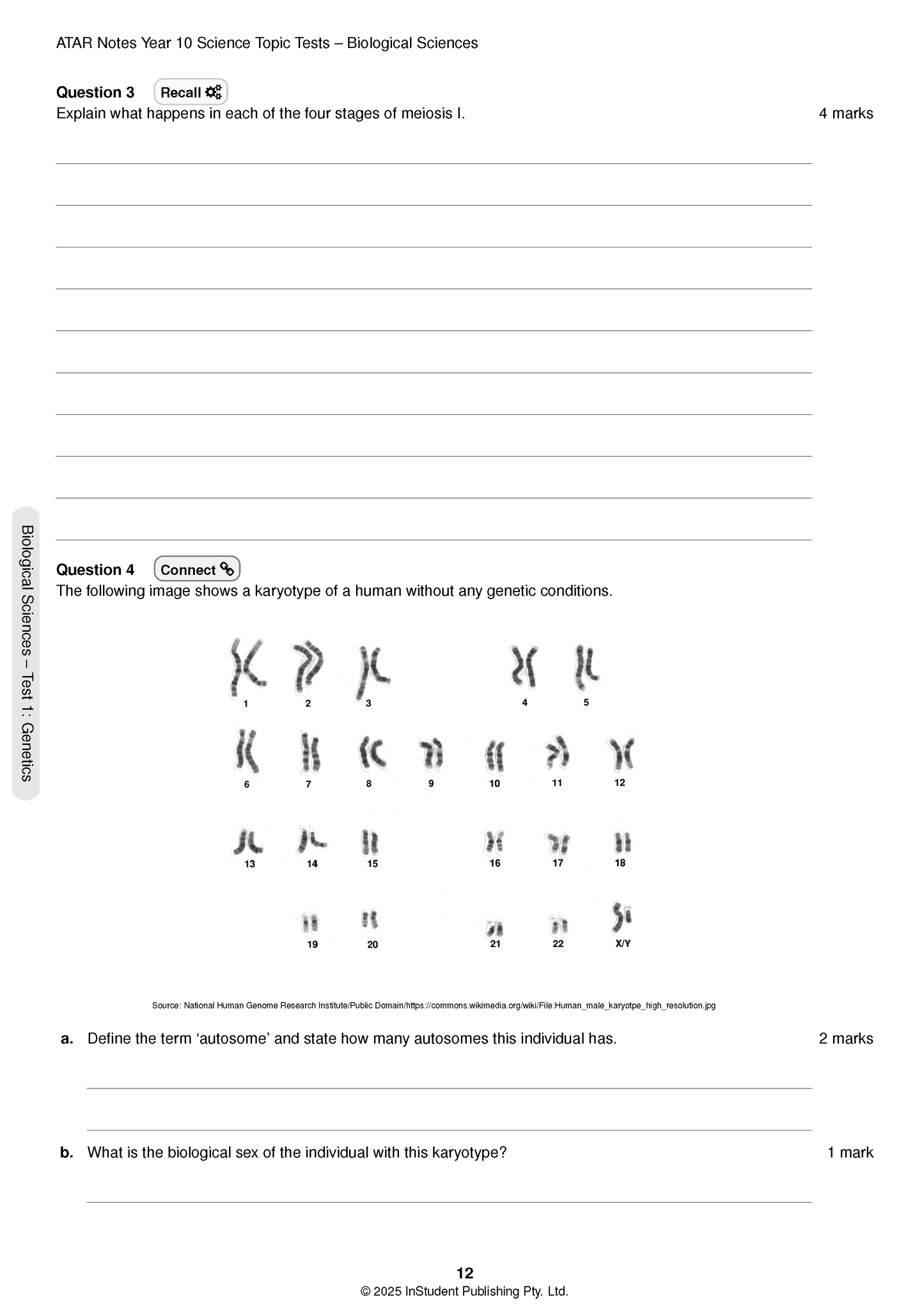 Year 10 Science Topic Tests from ATAR Notes showing a genetics test page with questions on meiosis and a human male karyotype.