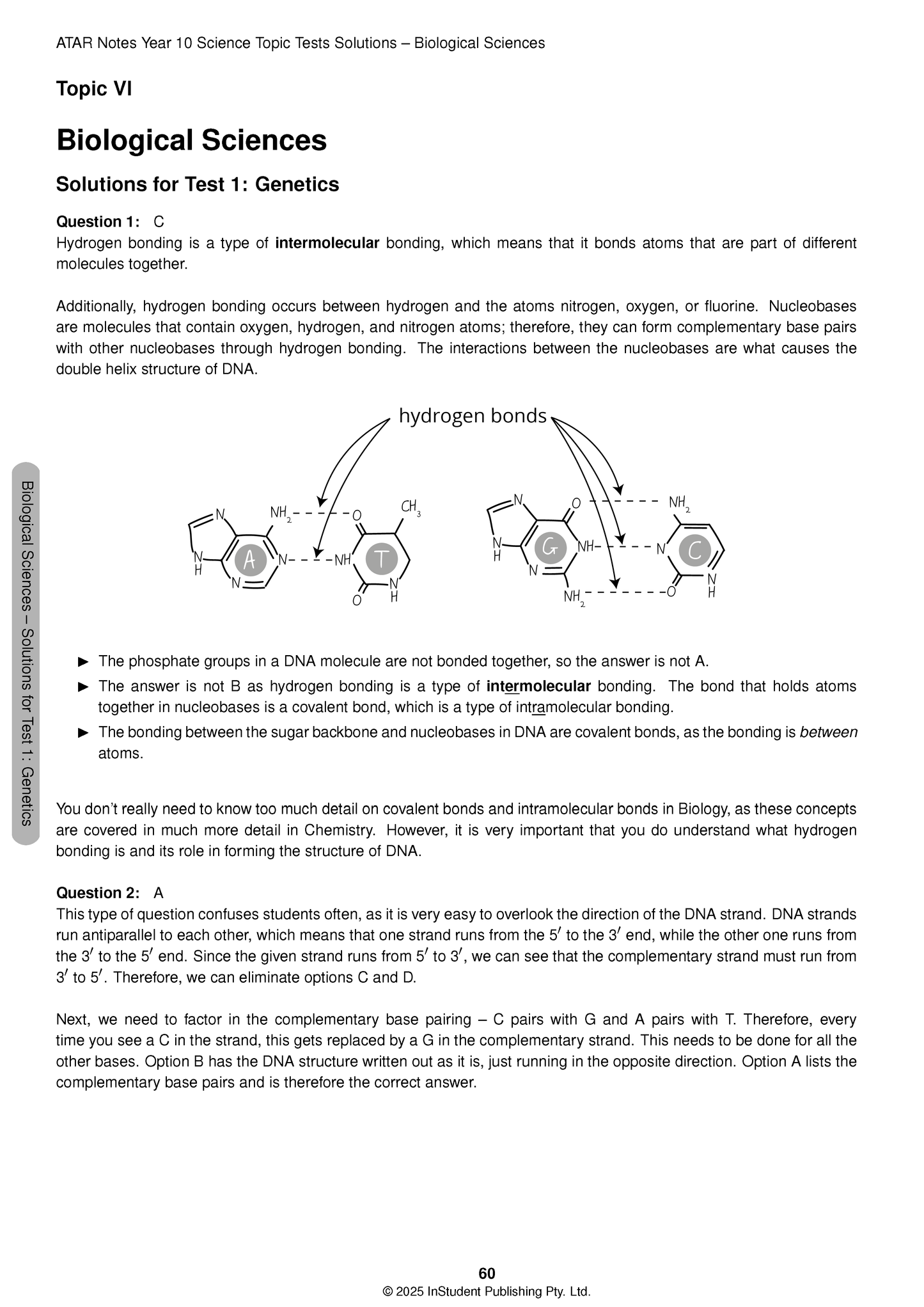Year 10 Science Topic Tests (2026-2028) by ATAR Notes, displaying a solutions page for Genetics with a DNA base pairing diagram.