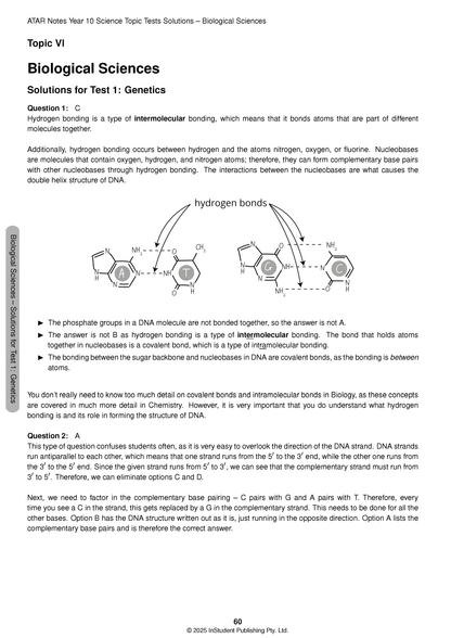 Year 10 Science Topic Tests (2026-2028) by ATAR Notes, displaying a solutions page for Genetics with a DNA base pairing diagram.