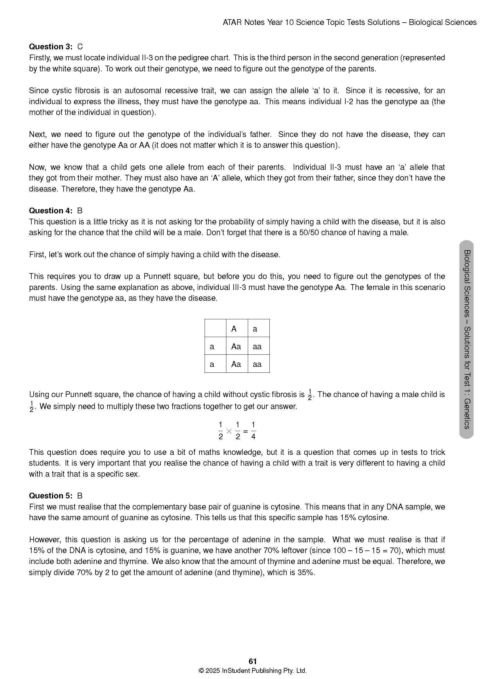 Year 10 Science Topic Tests by ATAR Notes, a printed page from the solutions showing biological sciences questions, a Punnett square, and page 61.