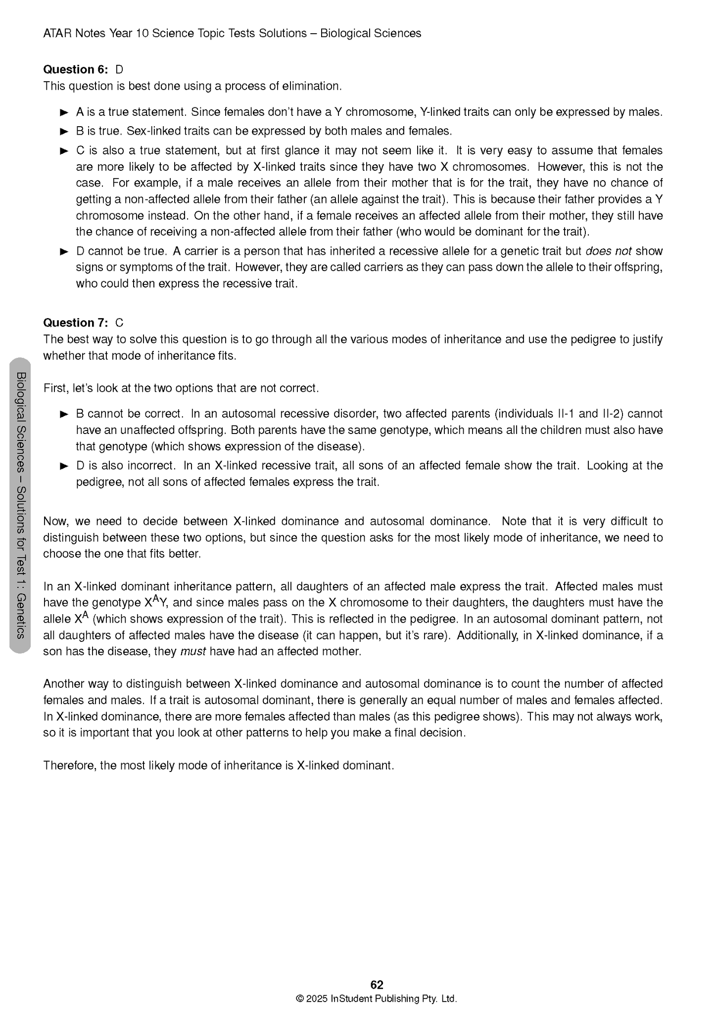 Year 10 Science Topic Tests solution page by ATAR Notes, detailing genetics questions and explanations with a "Biological Sciences" sidebar.
