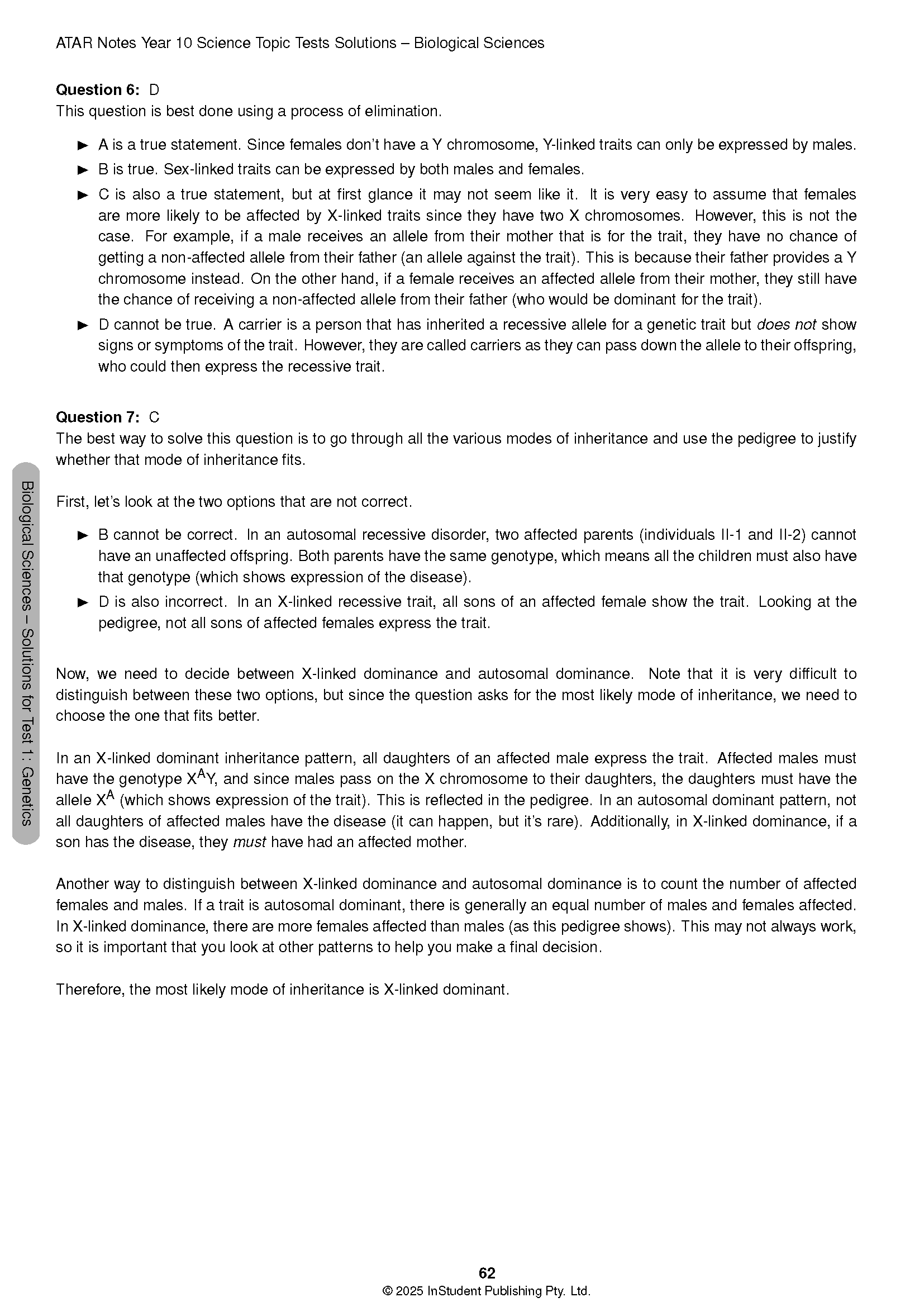 Year 10 Science Topic Tests solution page by ATAR Notes, detailing genetics questions and explanations with a "Biological Sciences" sidebar.