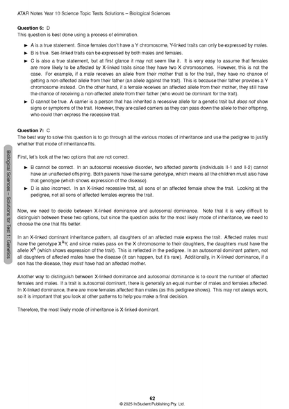 Year 10 Science Topic Tests solution page by ATAR Notes, detailing genetics questions and explanations with a "Biological Sciences" sidebar.