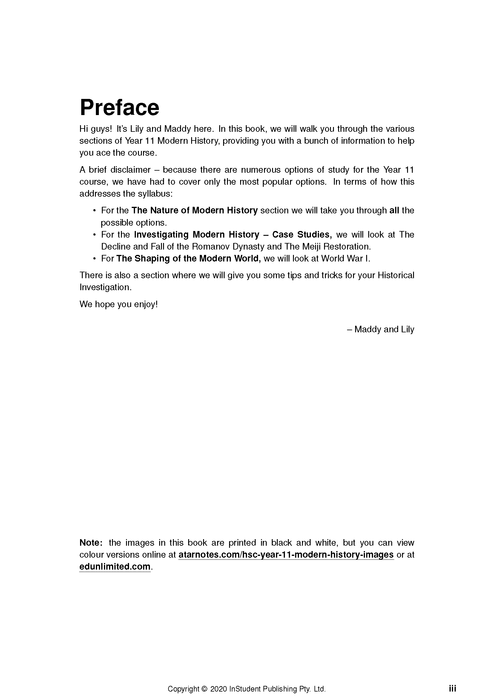 HSC Year 11 Modern History Course Notes by ATAR Notes, showing the preface page outlining course topics and copyright.