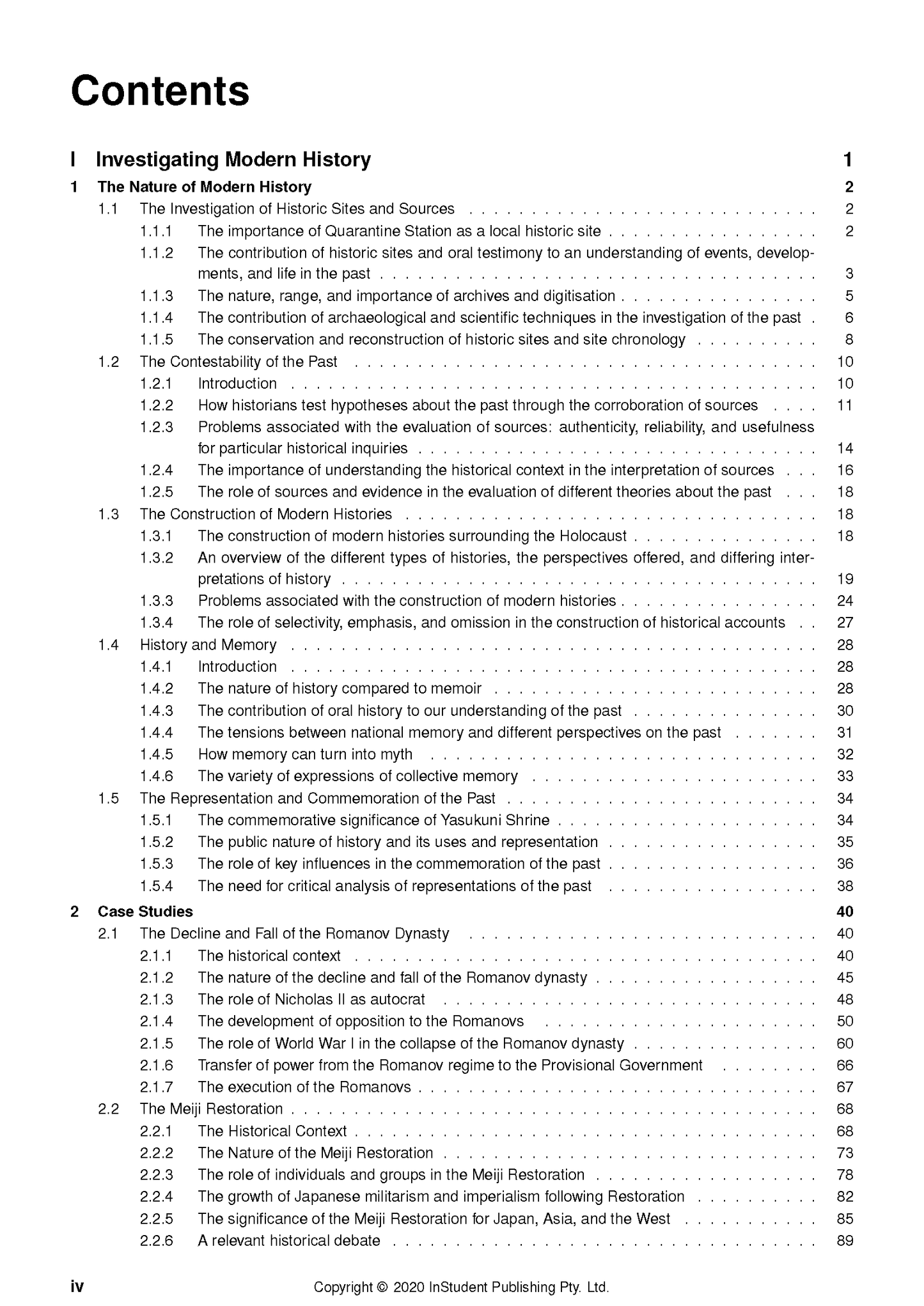 HSC Modern History course notes by ATAR Notes, displaying the contents page with text and page numbers.