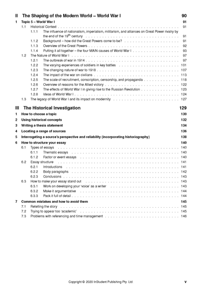 Course notes by ATAR Notes, a table of contents page with headings for World War I and Historical Investigation, listing page numbers.