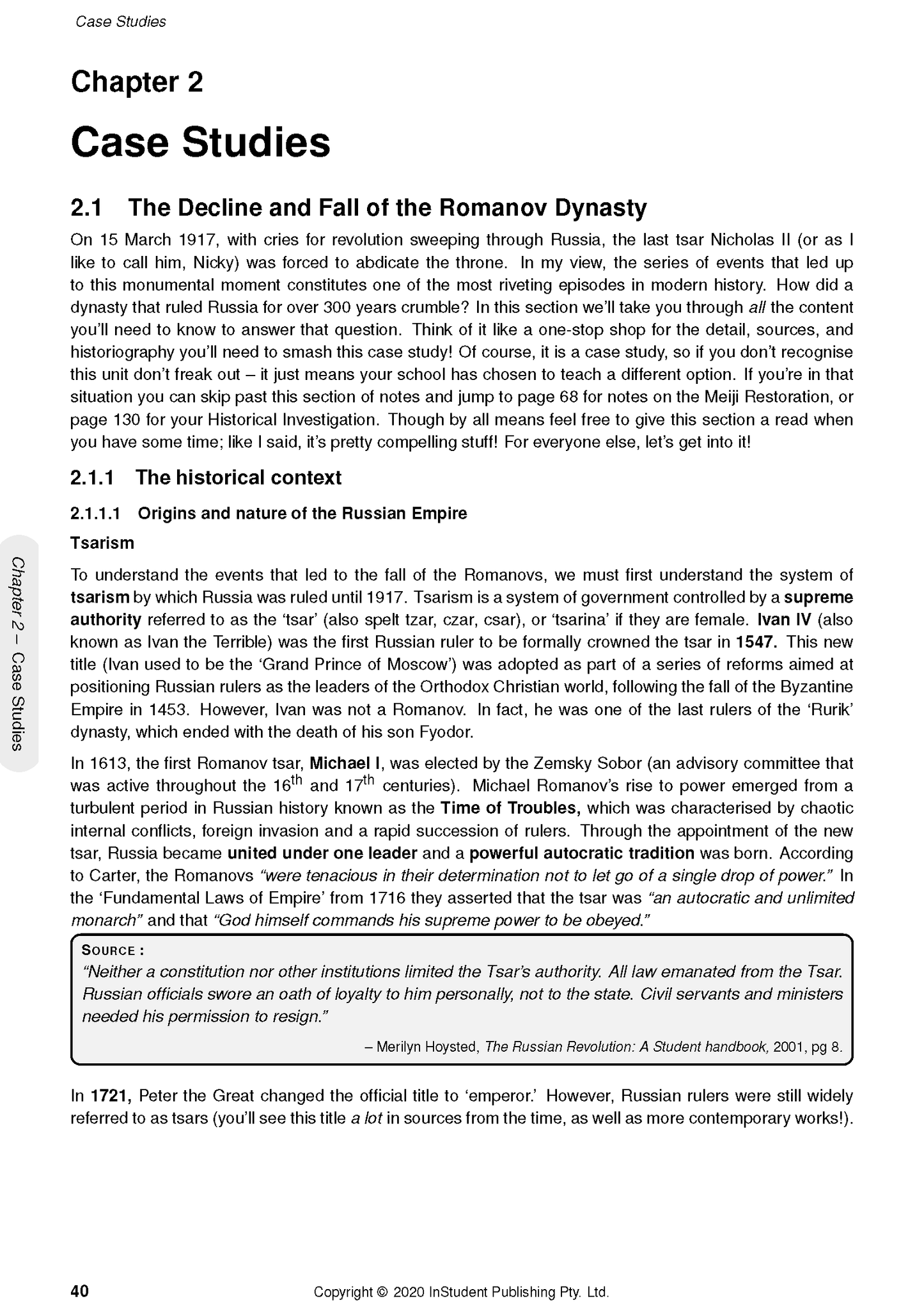 Printed page from HSC Year 11 Modern History Course Notes by ATAR Notes, displaying text on the Romanov Dynasty with a grey sidebar.
