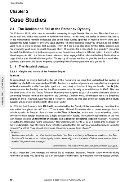 Printed page from HSC Year 11 Modern History Course Notes by ATAR Notes, displaying text on the Romanov Dynasty with a grey sidebar.