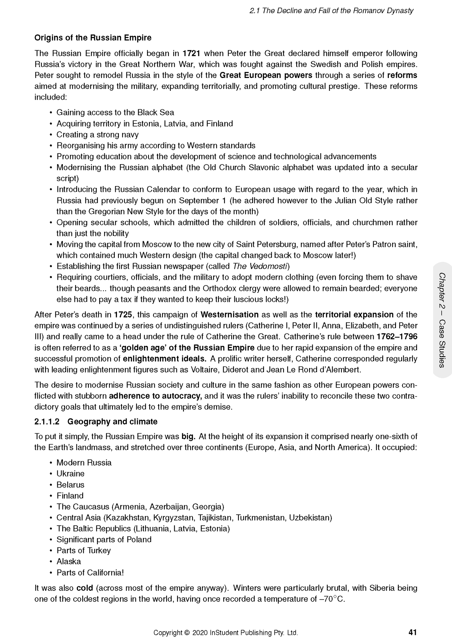 Modern History course notes by ATAR Notes, a page with text on the Russian Empire's origins and geography.