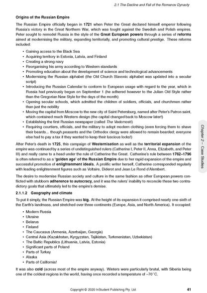 Modern History course notes by ATAR Notes, a page with text on the Russian Empire's origins and geography.