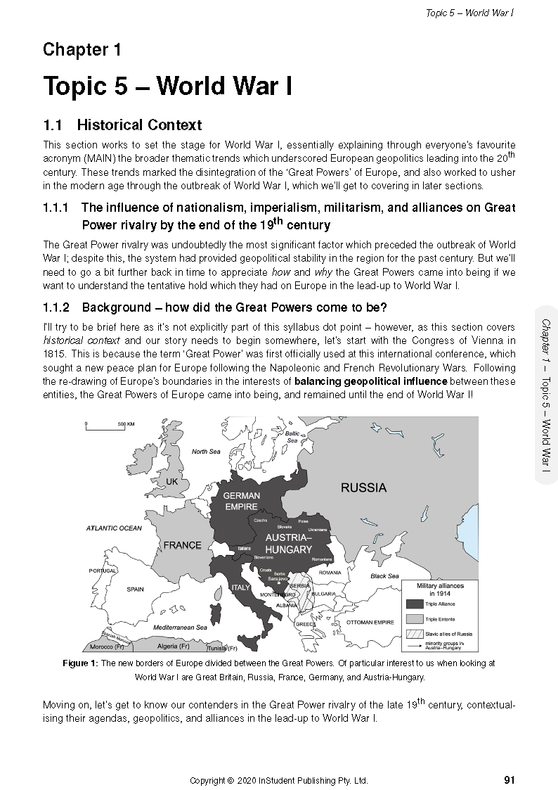 White course notes by ATAR Notes, detailing World War I with a grayscale map of Europe.