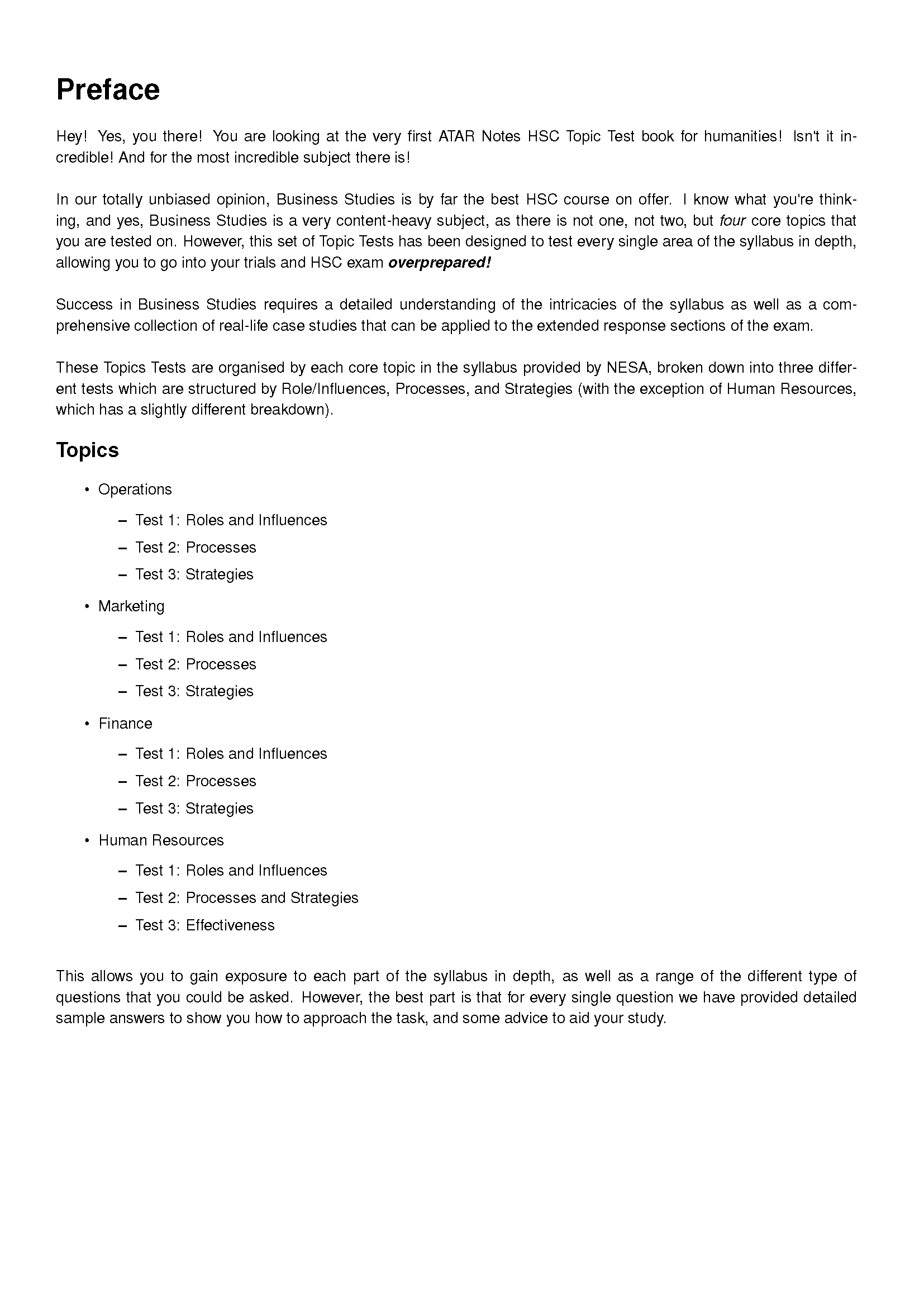 HSC Business Studies Topic Tests document page by ATAR Notes, displaying a preface and a detailed list of study topics.