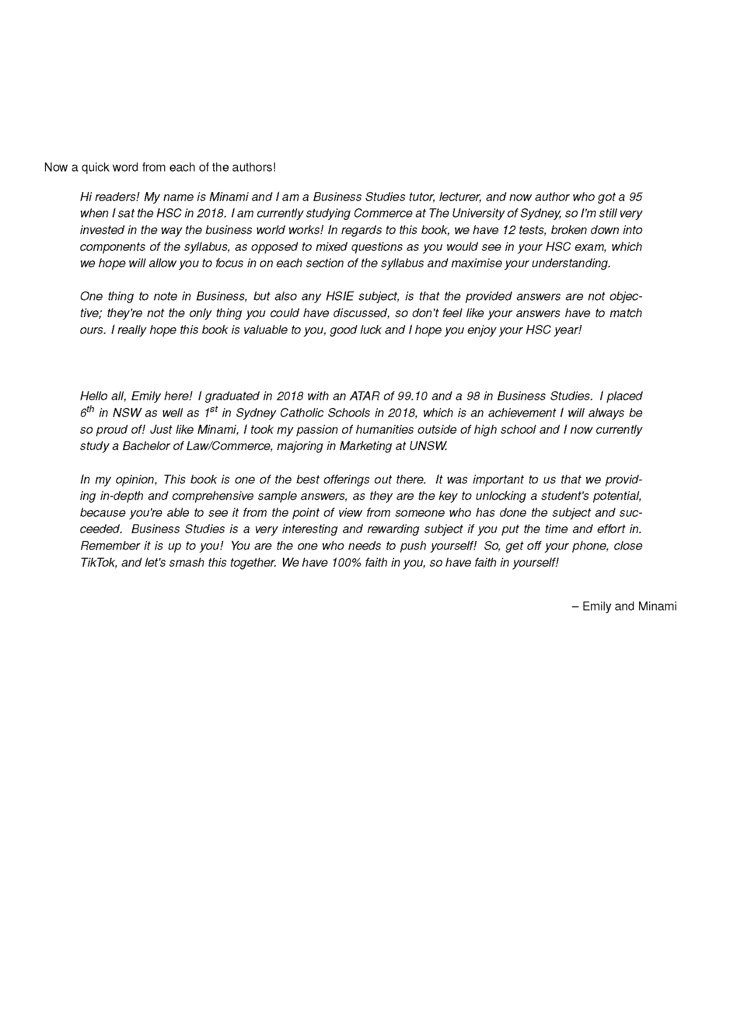 HSC Year 12 Business Studies Topic Tests by ATAR Notes, an introductory page with black text on white, featuring messages from authors Emily and Minami.