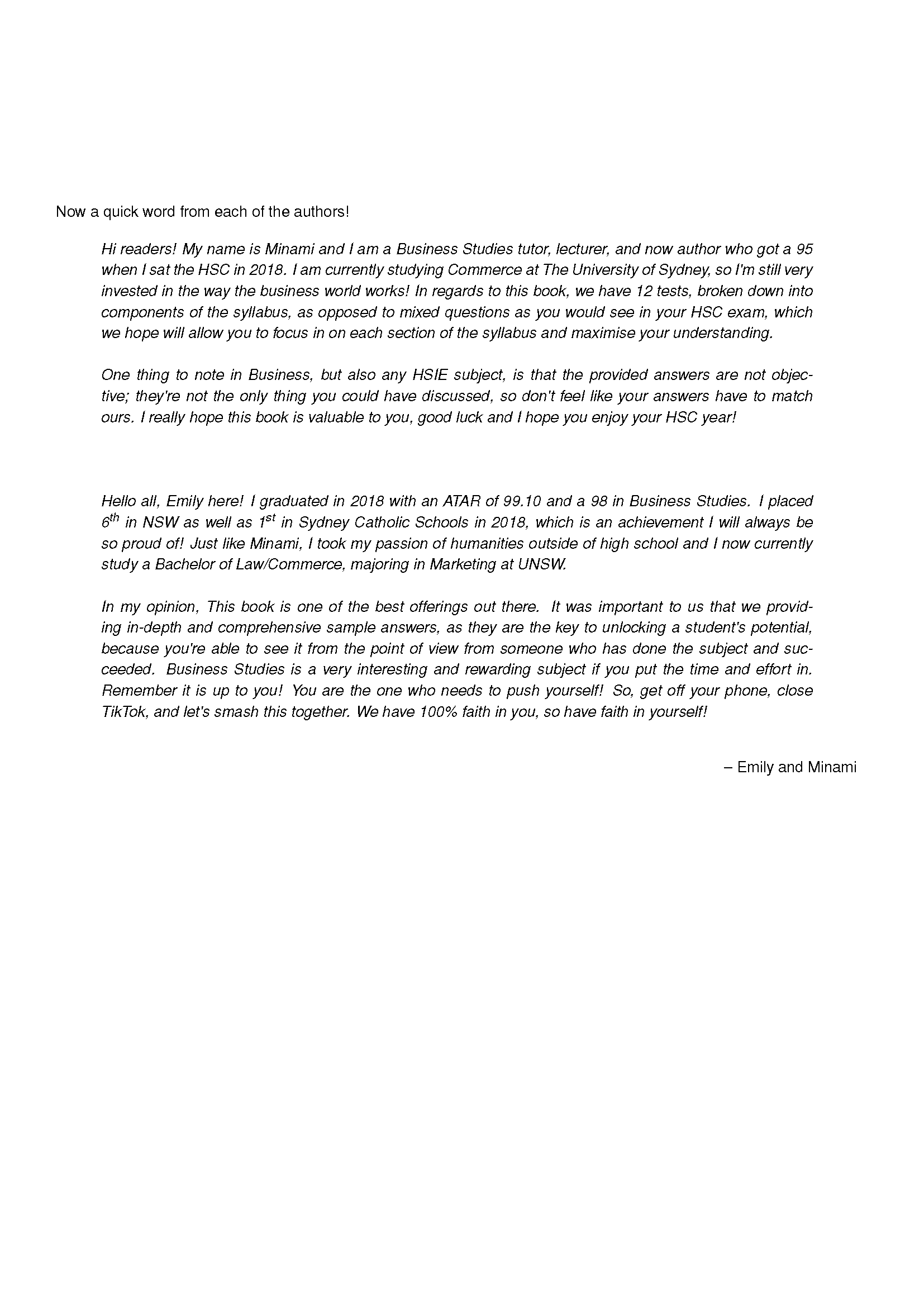 HSC Year 12 Business Studies Topic Tests by ATAR Notes, an introductory page with black text on white, featuring messages from authors Emily and Minami.