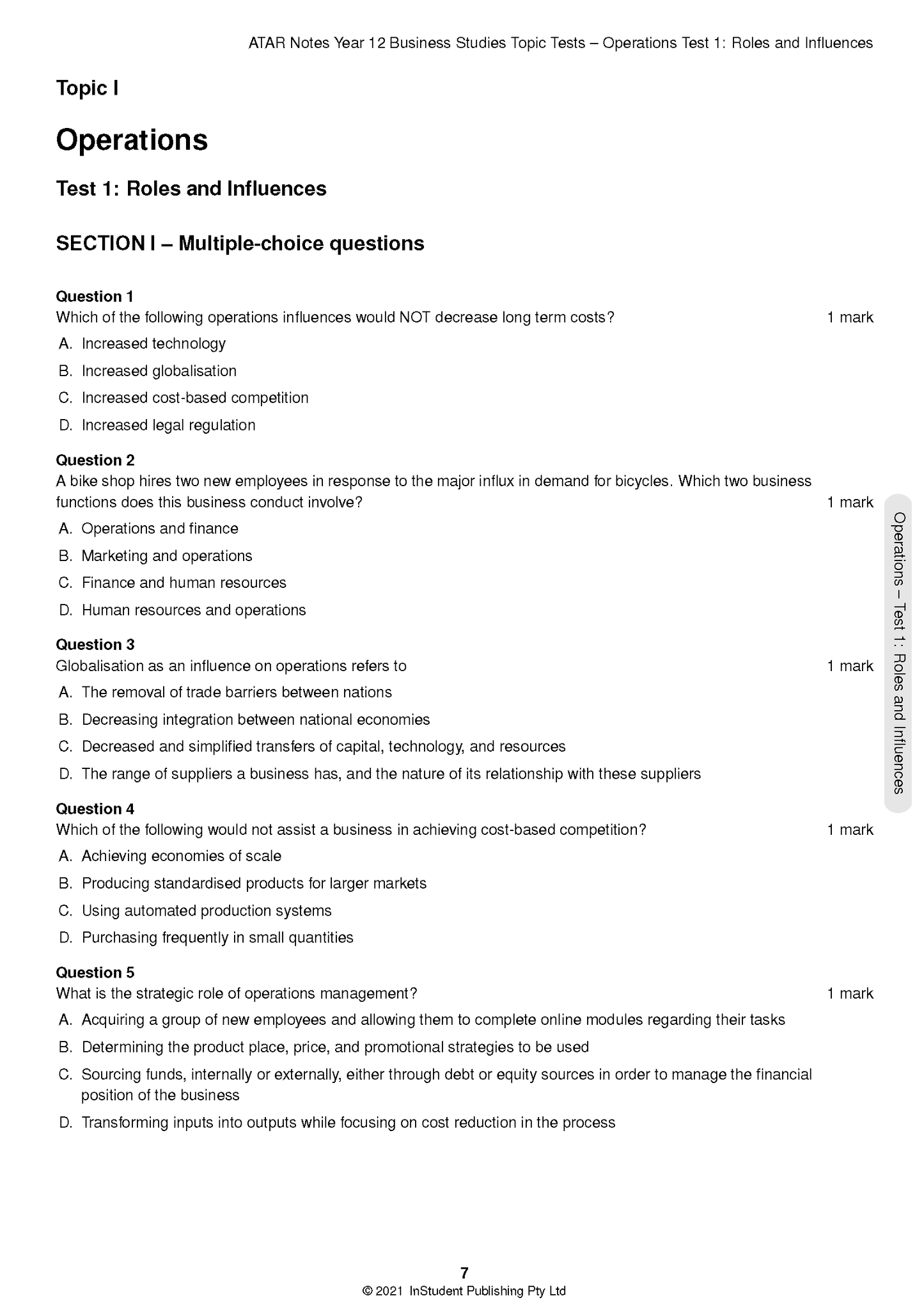 White page of multiple-choice Topic Tests by ATAR Notes for HSC Year 12 Business Studies, featuring questions 1-5.