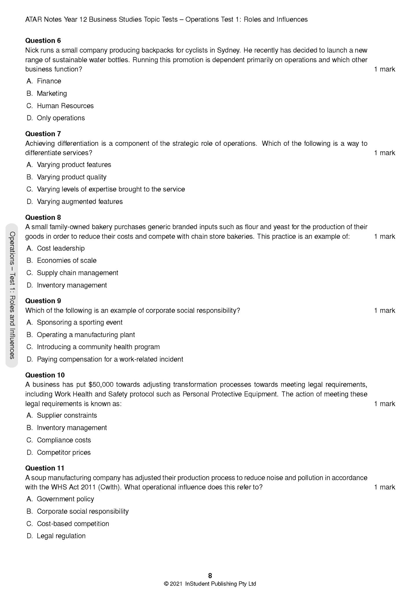 HSC Year 12 Business Studies Topic Tests by ATAR Notes, a white page with black multiple-choice questions and header text.