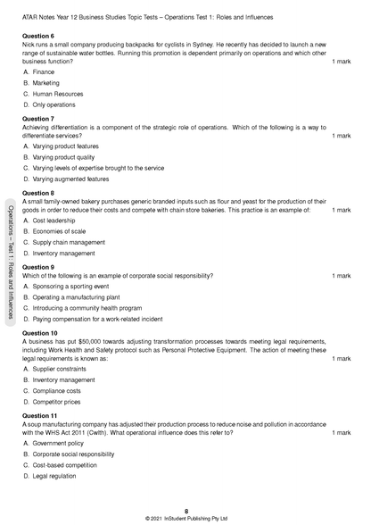 HSC Year 12 Business Studies Topic Tests by ATAR Notes, a white page with black multiple-choice questions and header text.