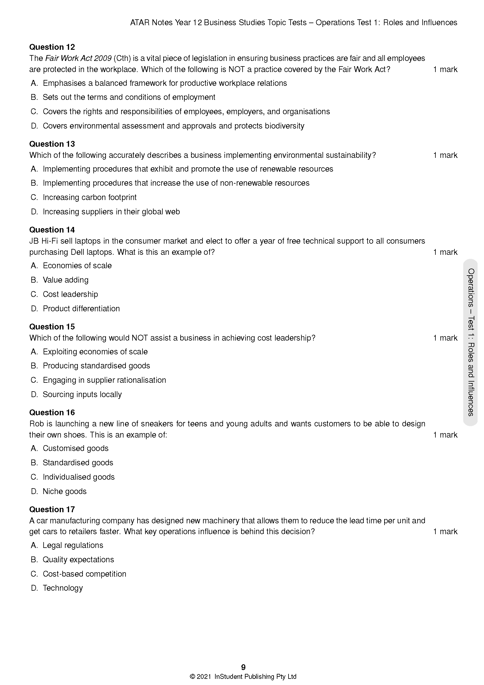 HSC Year 12 Business Studies Topic Tests by ATAR Notes (2024-2026) showing questions on a white page.