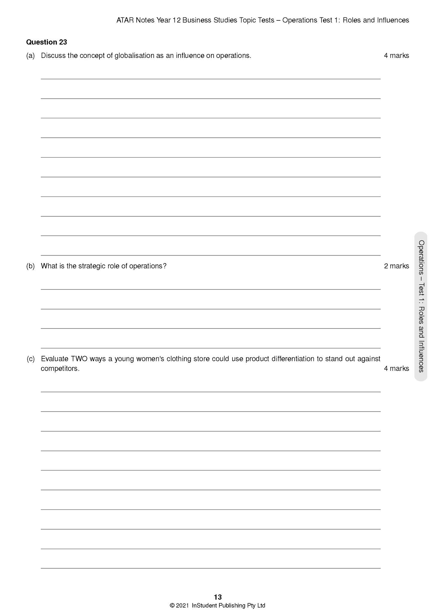 White page from HSC Year 12 Business Studies Topic Tests by ATAR Notes, showing question 23 and blank answer lines.