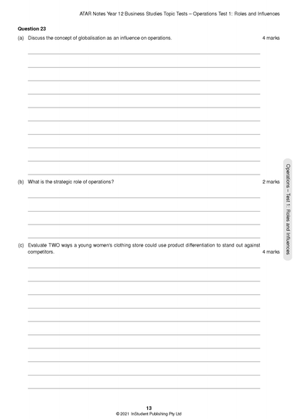 White page from HSC Year 12 Business Studies Topic Tests by ATAR Notes, showing question 23 and blank answer lines.