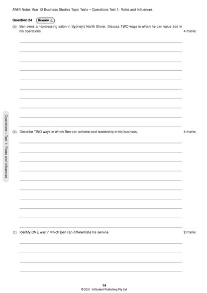 HSC Year 12 Business Studies Topic Tests for 2024-2026 by ATAR Notes, showing a page with Question 24, a 'Beware' label, and blank answer lines.