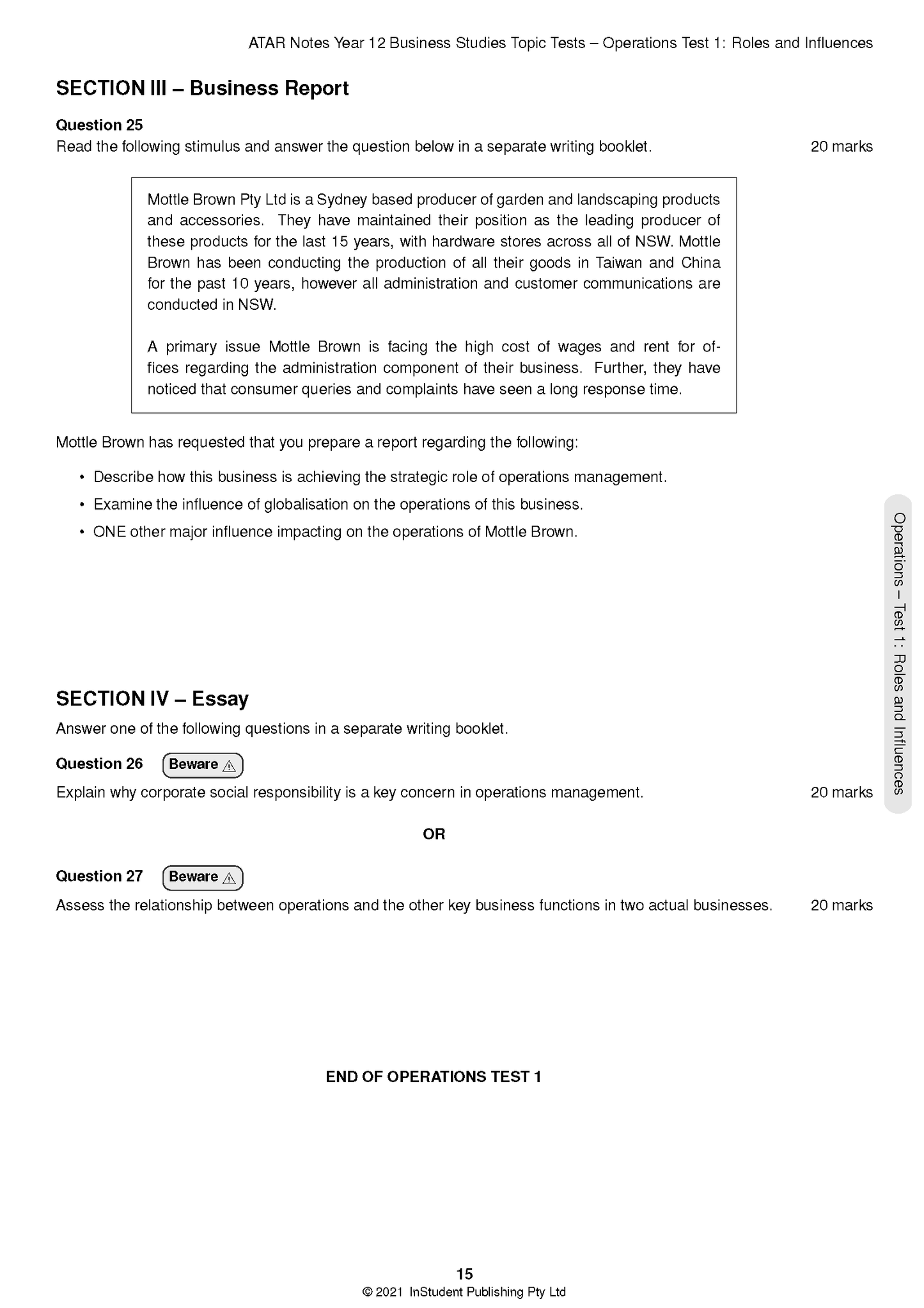HSC Year 12 Business Studies Topic Tests by ATAR Notes, a white page from Operations Test 1 with questions.