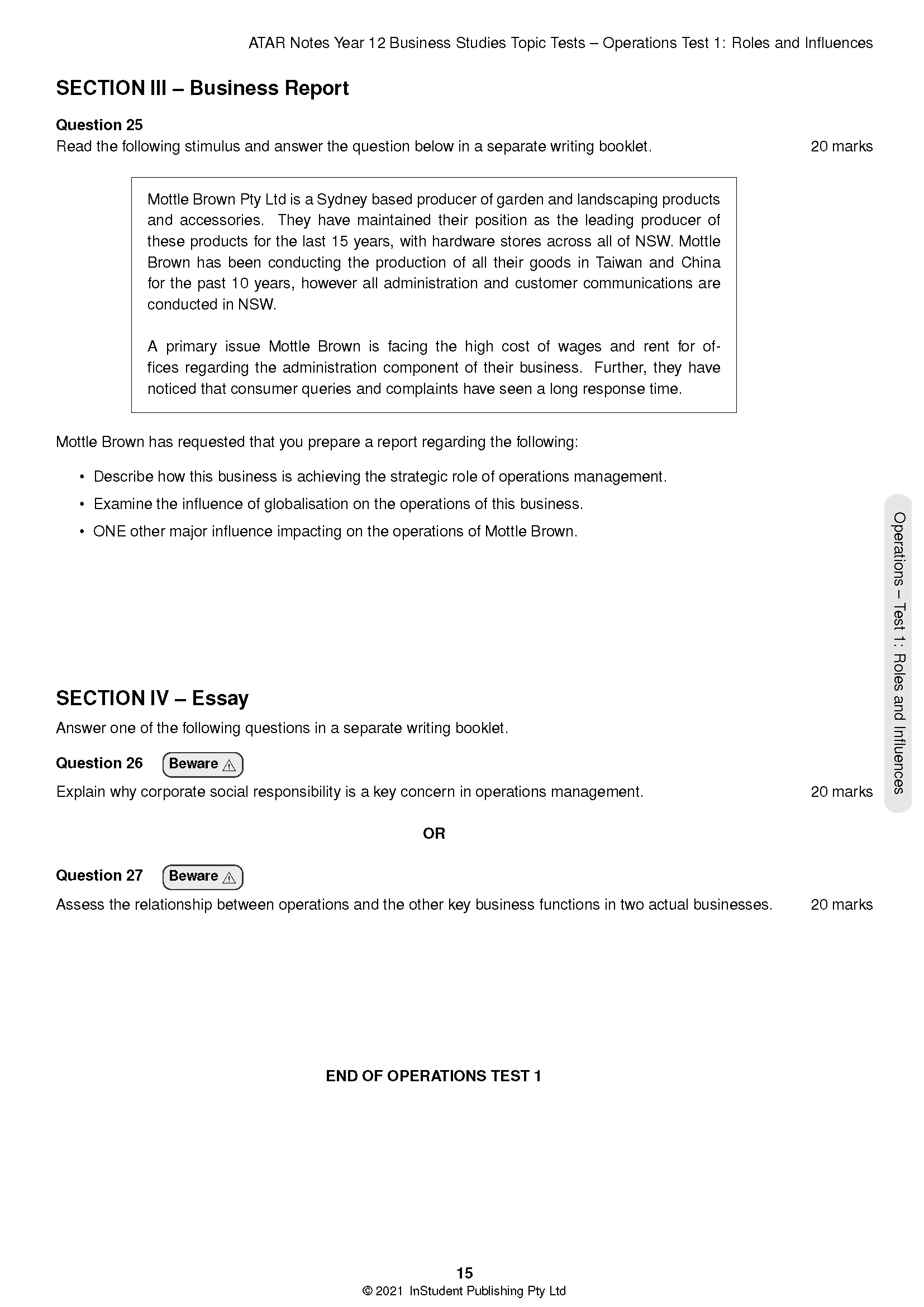 HSC Year 12 Business Studies Topic Tests by ATAR Notes, a white page from Operations Test 1 with questions.