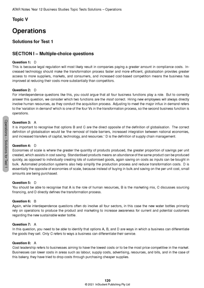 White page of HSC Year 12 Business Studies Topic Tests by ATAR Notes, with black text displaying Solutions for Test 1 for Topic V Operations.