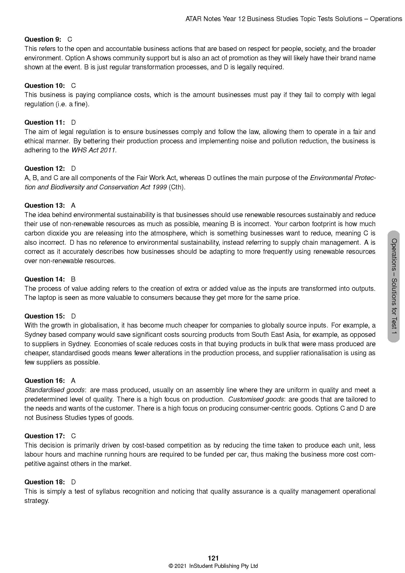Academic Topic Tests document by ATAR Notes, showing business studies questions, solutions, header, and page number.