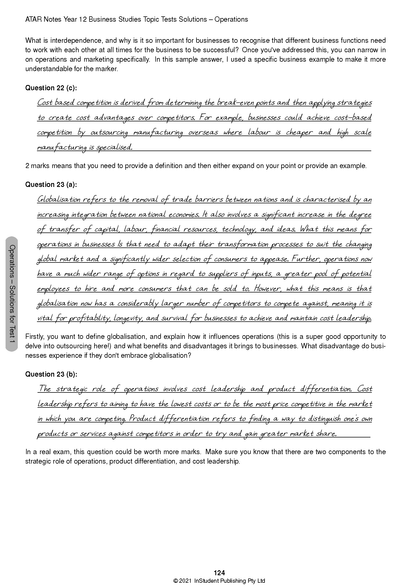 HSC Year 12 Business Studies Topic Tests page from ATAR Notes, displaying questions, handwritten solutions, and 'Operations - Solutions' sidebar.