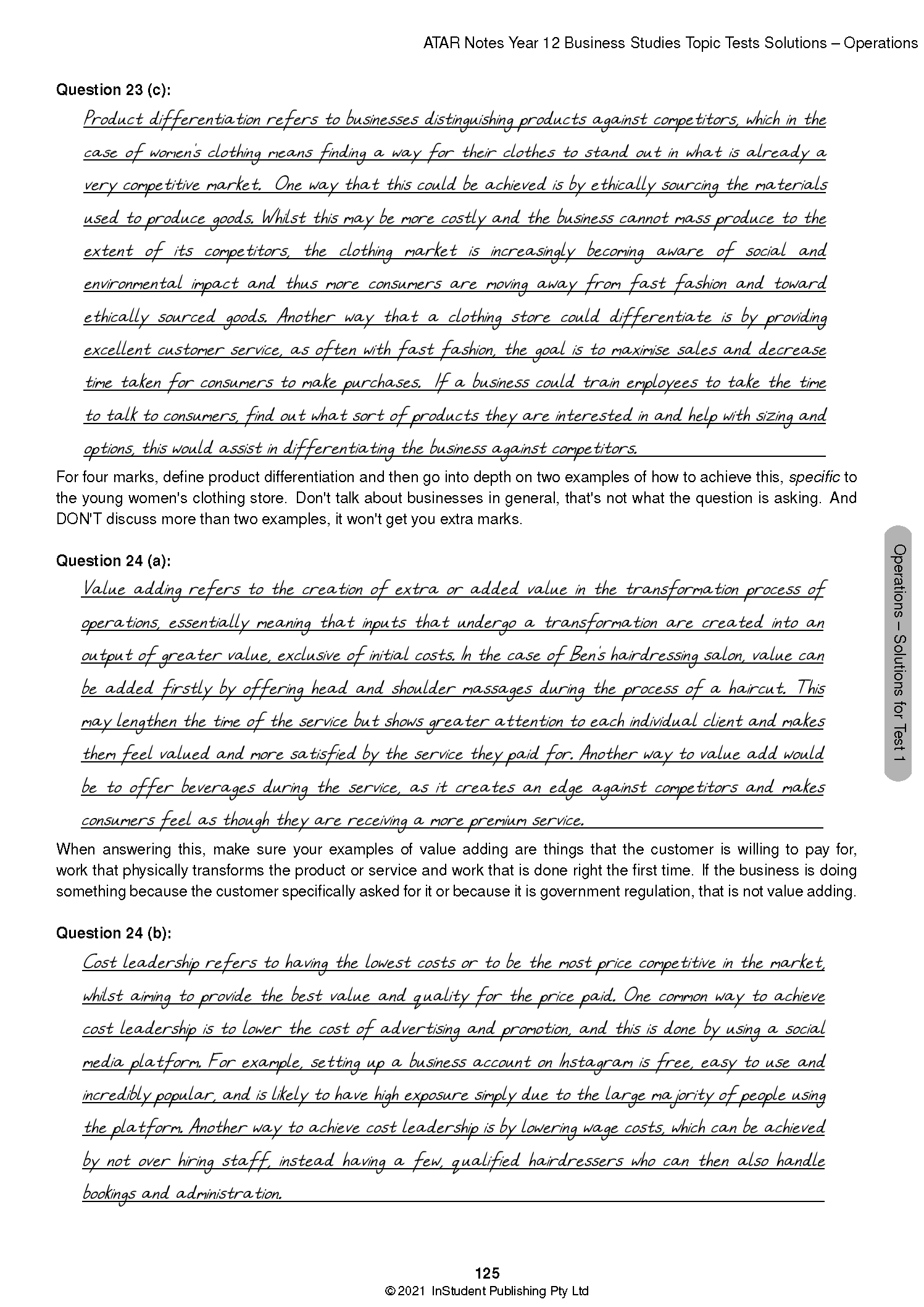 White page of Topic Tests by ATAR Notes, displaying black text questions and handwritten answers, with a grey sidebar.