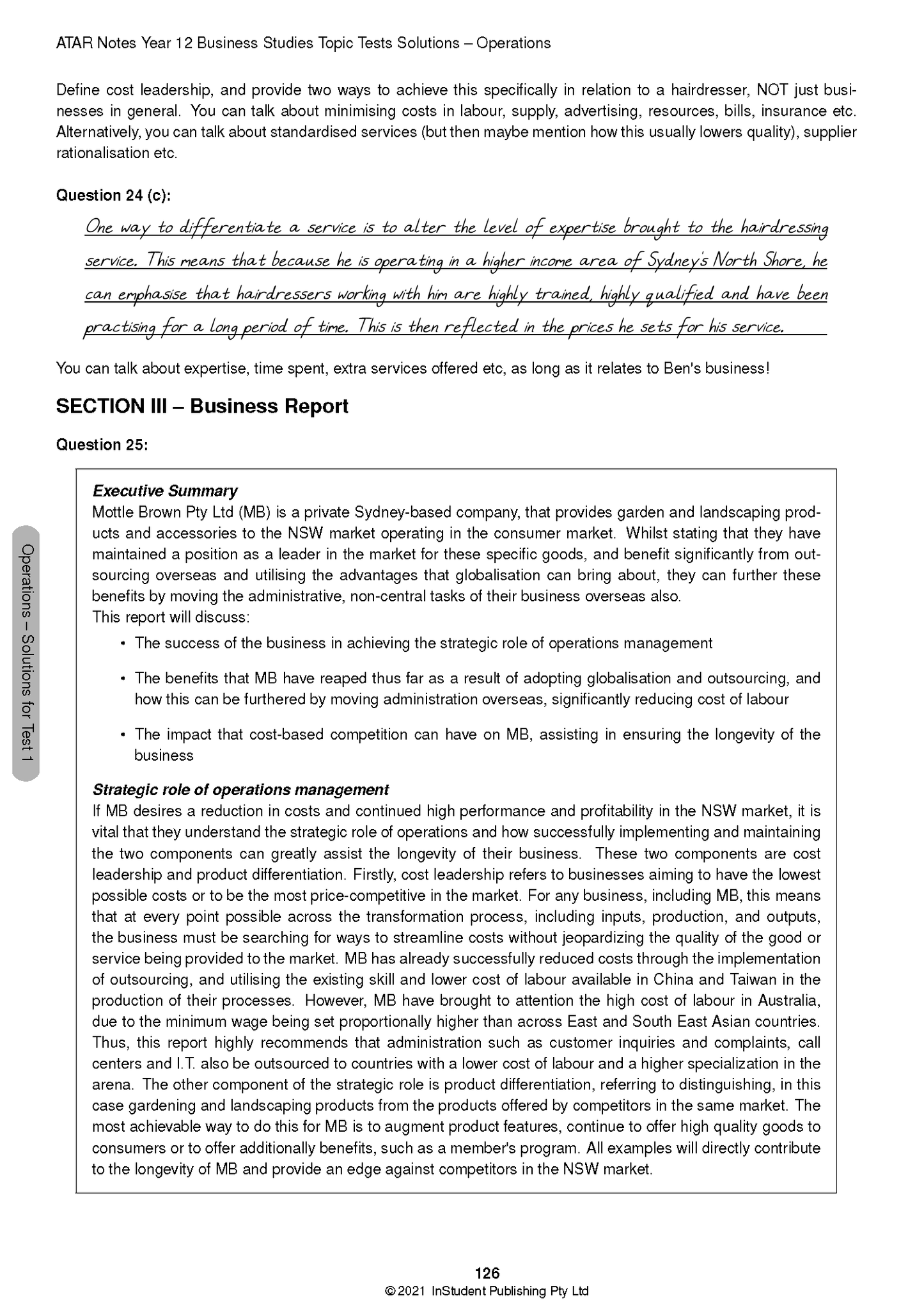Business Studies Topic Tests by ATAR Notes, a printed page displaying questions and solutions, with a gray sidebar on the left.