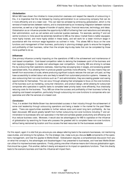 Topic Tests page by ATAR Notes, showing text on business studies, globalisation, and outsourcing, with page number 127.