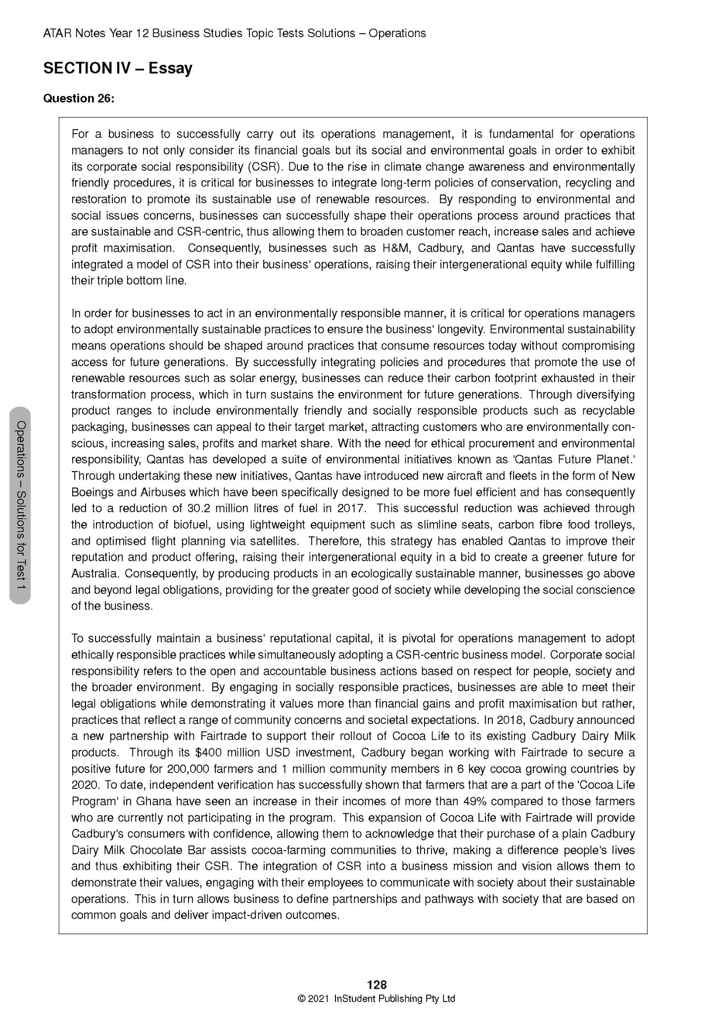 Page from Year 12 Business Studies Topic Tests Solutions by ATAR Notes, displaying an essay question and its solutions.
