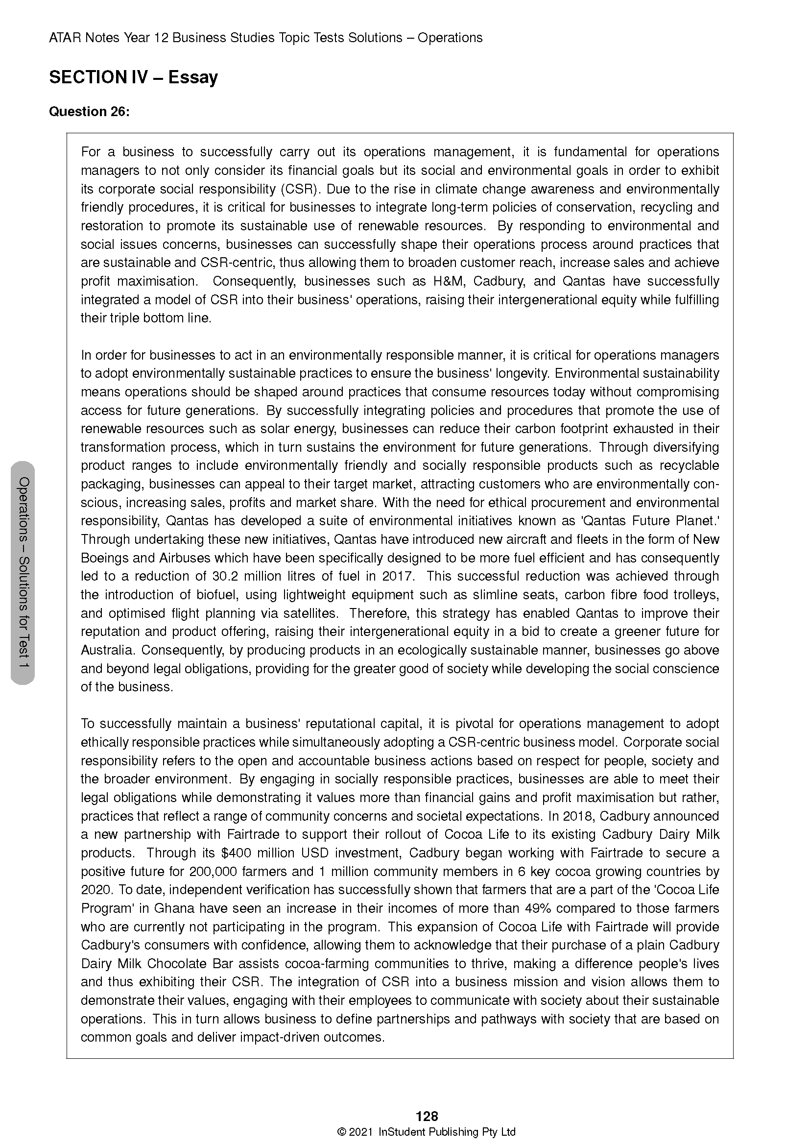 Page from Year 12 Business Studies Topic Tests Solutions by ATAR Notes, displaying an essay question and its solutions.