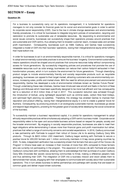 Page from Year 12 Business Studies Topic Tests Solutions by ATAR Notes, displaying an essay question and its solutions.