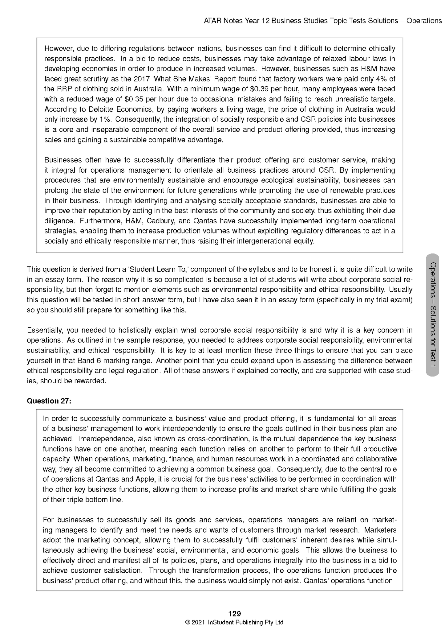Page from Topic Tests by ATAR Notes, displaying a business studies question and detailed solution.