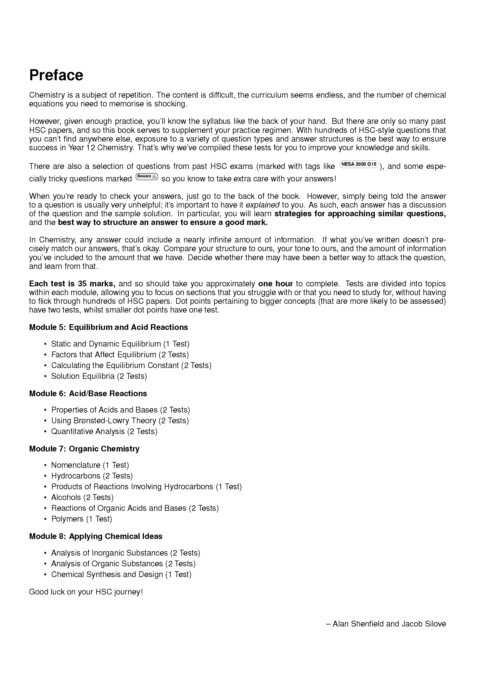 HSC Chemistry topic tests book by ATAR Notes, showing the preface page with module outlines.