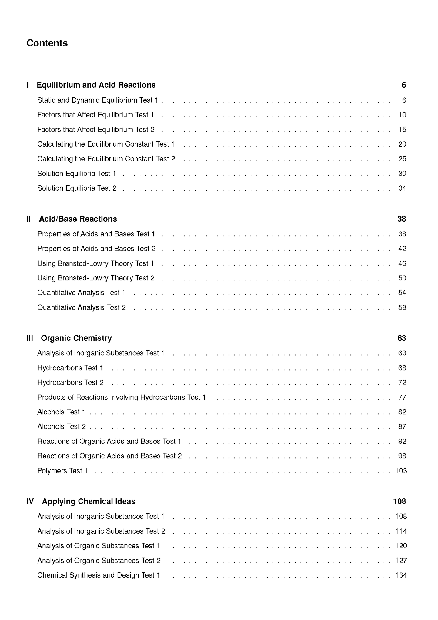 Chemistry Topic Tests by ATAR Notes, displaying a table of contents detailing sections on Equilibrium, Acid/Base, Organic Chemistry, and Applying Chemical Ideas.