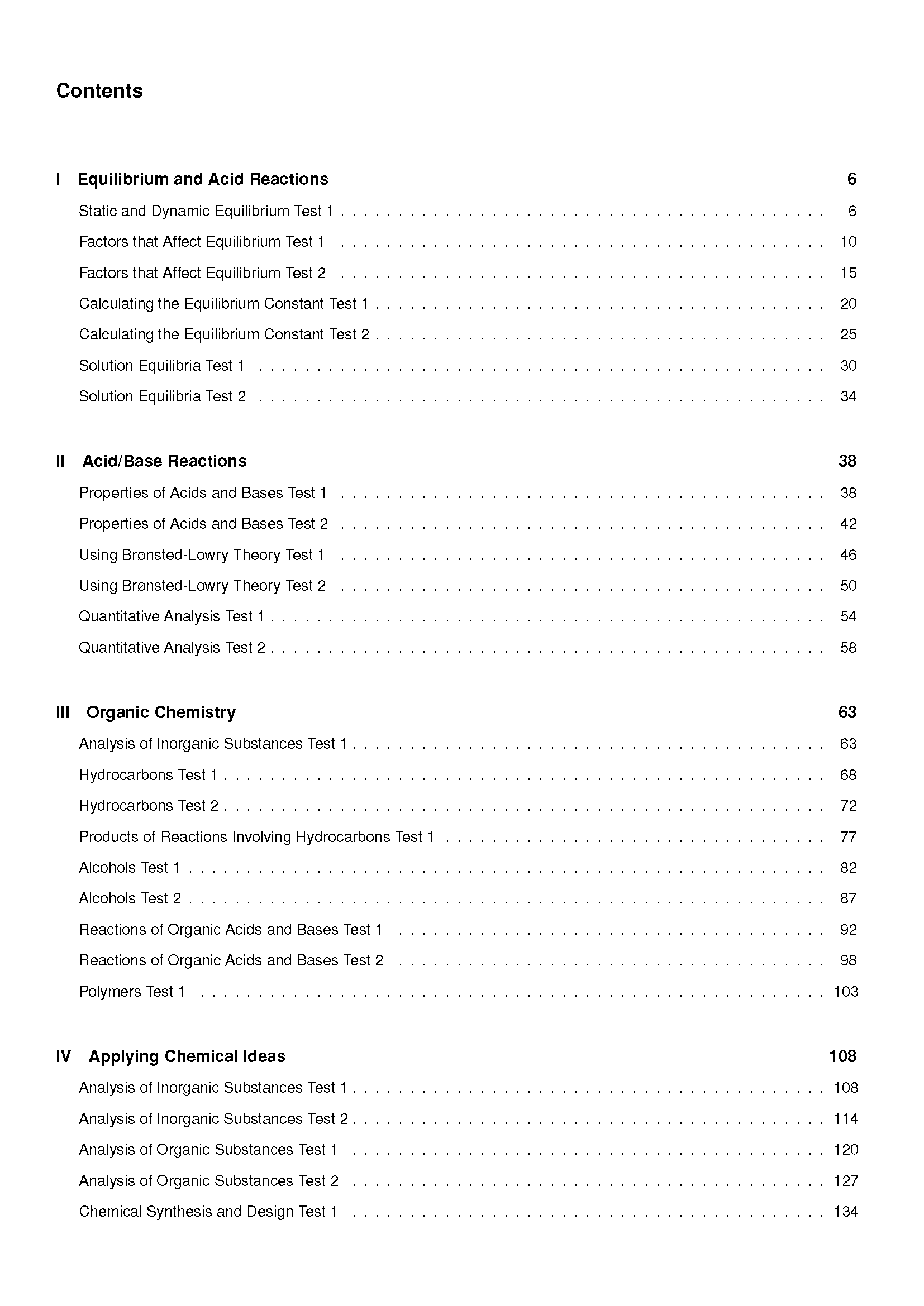 Chemistry Topic Tests by ATAR Notes, displaying a table of contents detailing sections on Equilibrium, Acid/Base, Organic Chemistry, and Applying Chemical Ideas.