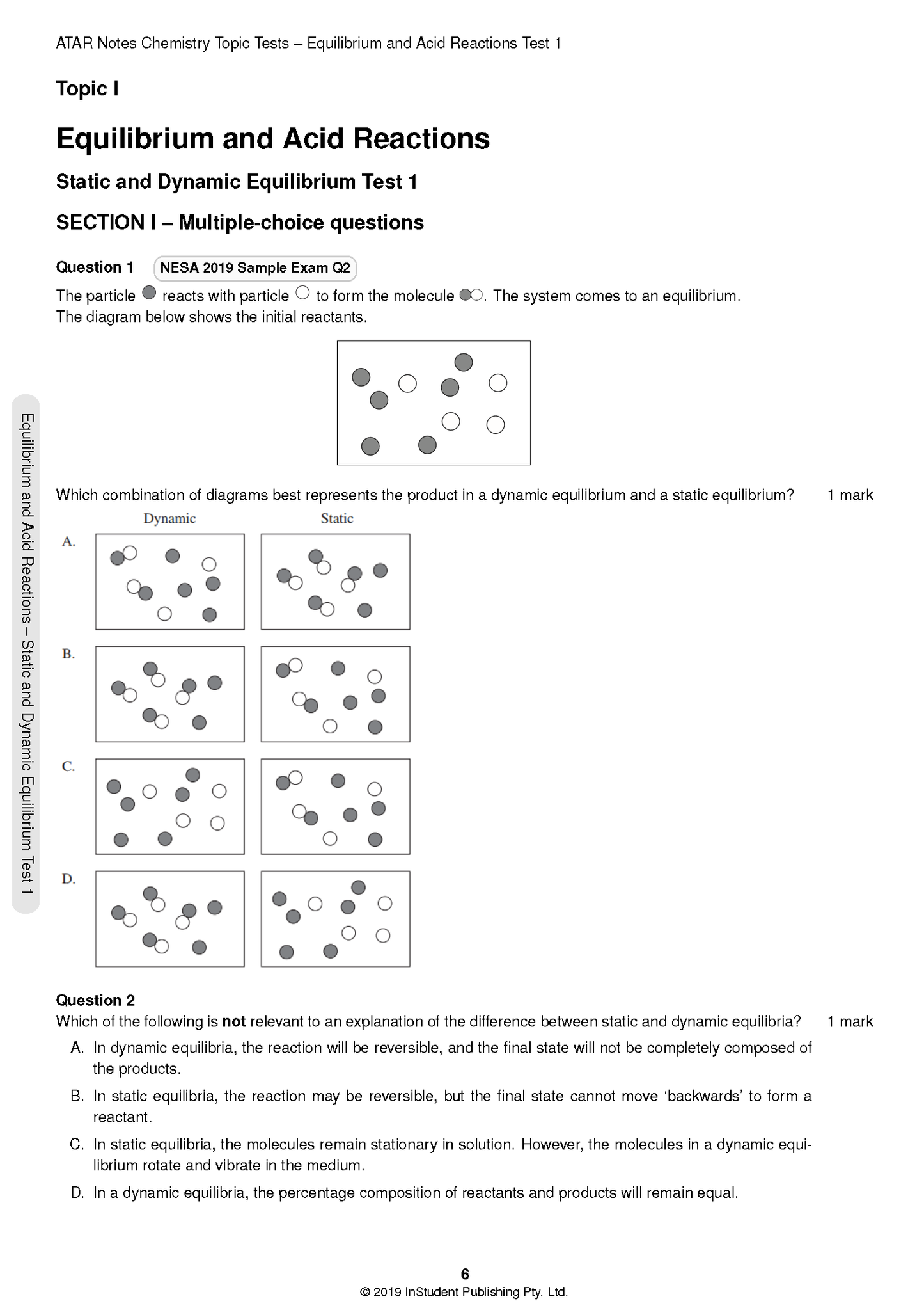 Chemistry Topic Test page by ATAR Notes featuring multiple-choice questions and diagrams of chemical equilibrium particles.