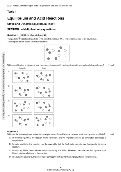 Chemistry Topic Test page by ATAR Notes featuring multiple-choice questions and diagrams of chemical equilibrium particles.