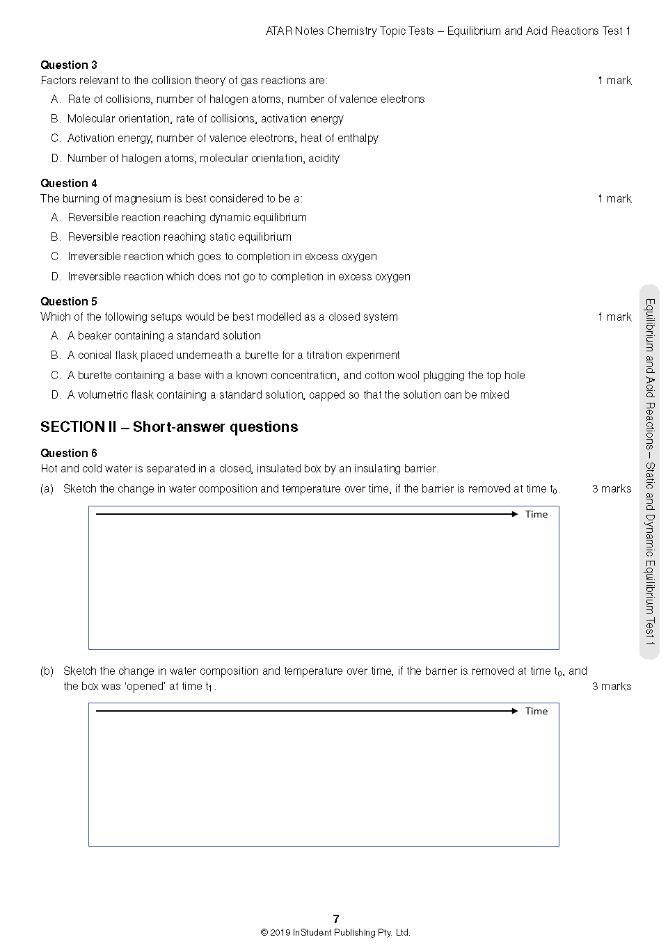 Chemistry Topic Tests page by ATAR Notes, displaying multiple-choice and short-answer questions with blank graphs for sketching.