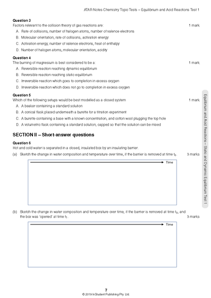 Chemistry Topic Tests page by ATAR Notes, displaying multiple-choice and short-answer questions with blank graphs for sketching.