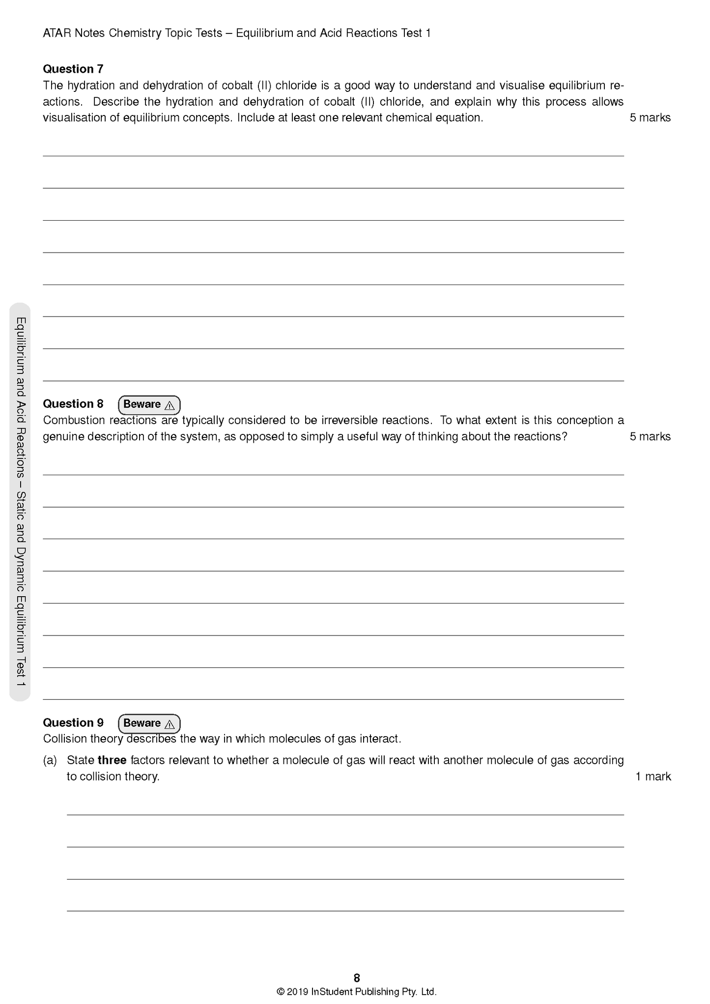 HSC Year 12 Chemistry Topic Test page by ATAR Notes, displaying questions 7, 8, and 9 with blank answer lines.