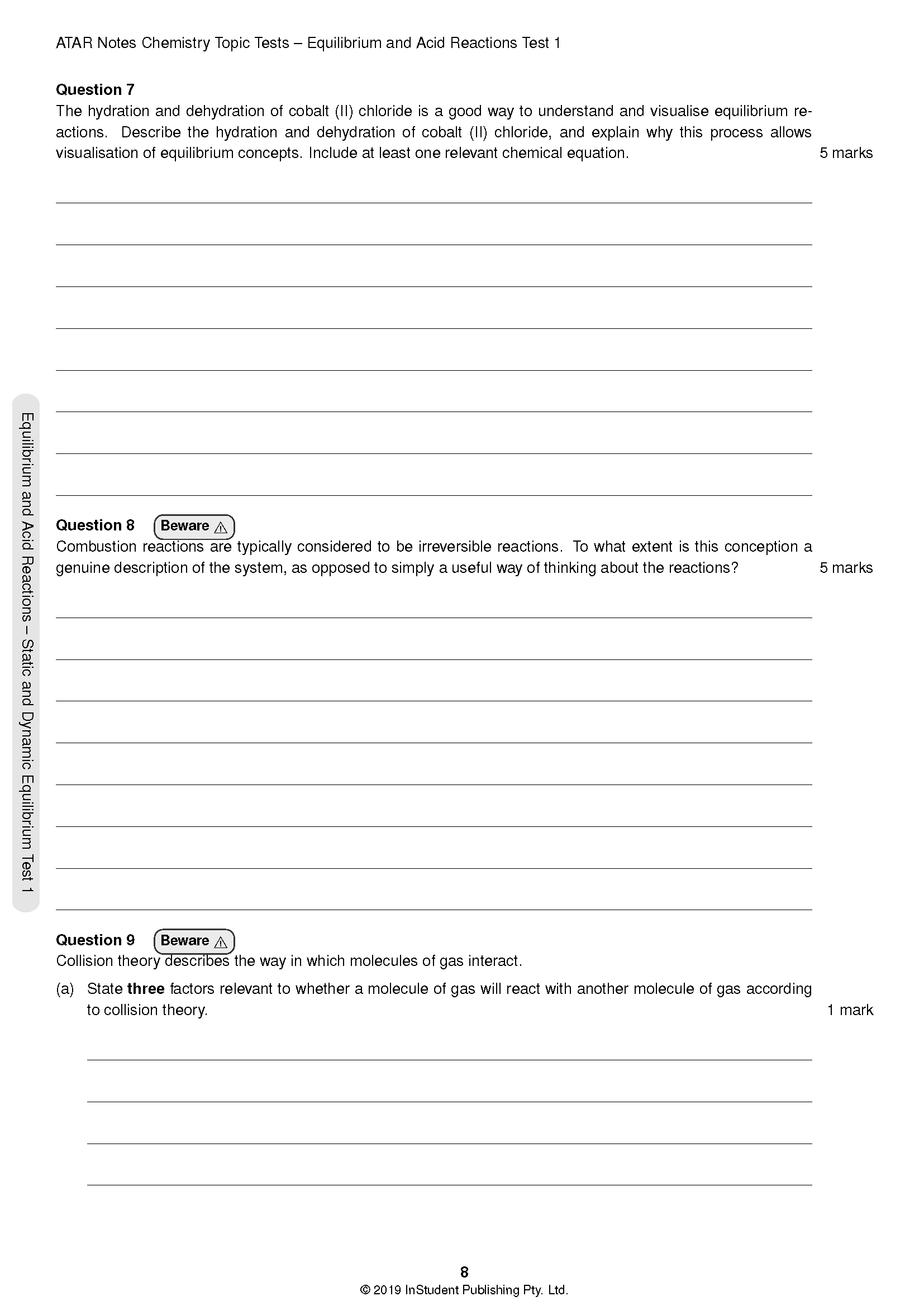 HSC Year 12 Chemistry Topic Test page by ATAR Notes, displaying questions 7, 8, and 9 with blank answer lines.