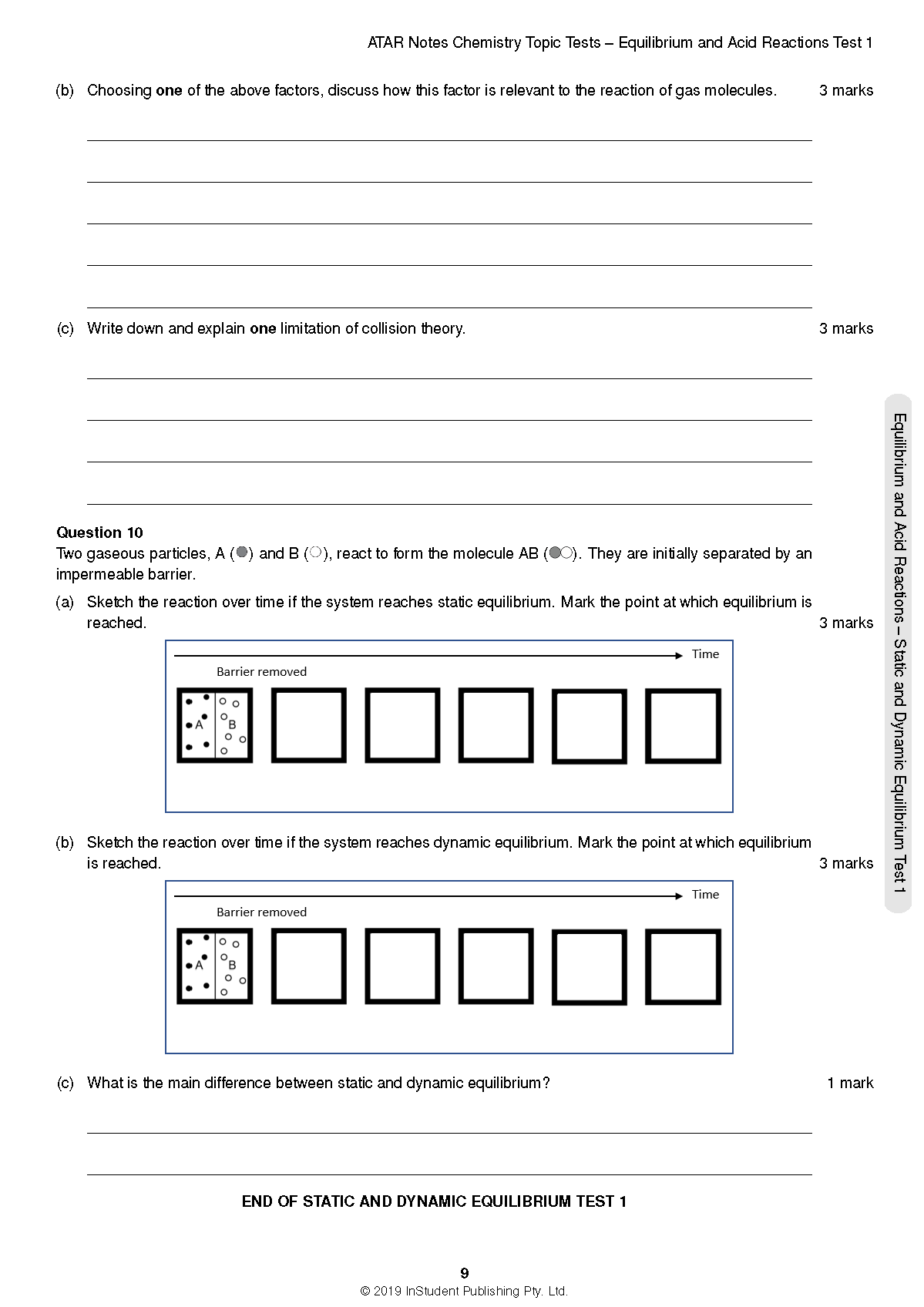 Chemistry Topic Test page for Year 12 HSC by ATAR Notes, with questions on equilibrium and collision theory diagrams.