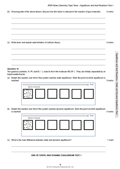 Chemistry Topic Test page for Year 12 HSC by ATAR Notes, with questions on equilibrium and collision theory diagrams.