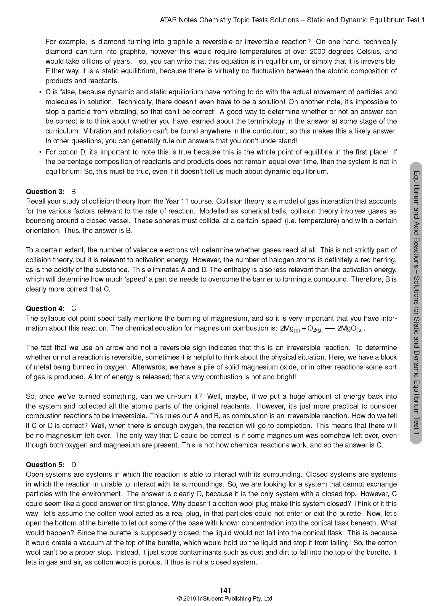 Chemistry Topic Tests by ATAR Notes, showing a printed page with questions, solutions, text, and chemical equations.